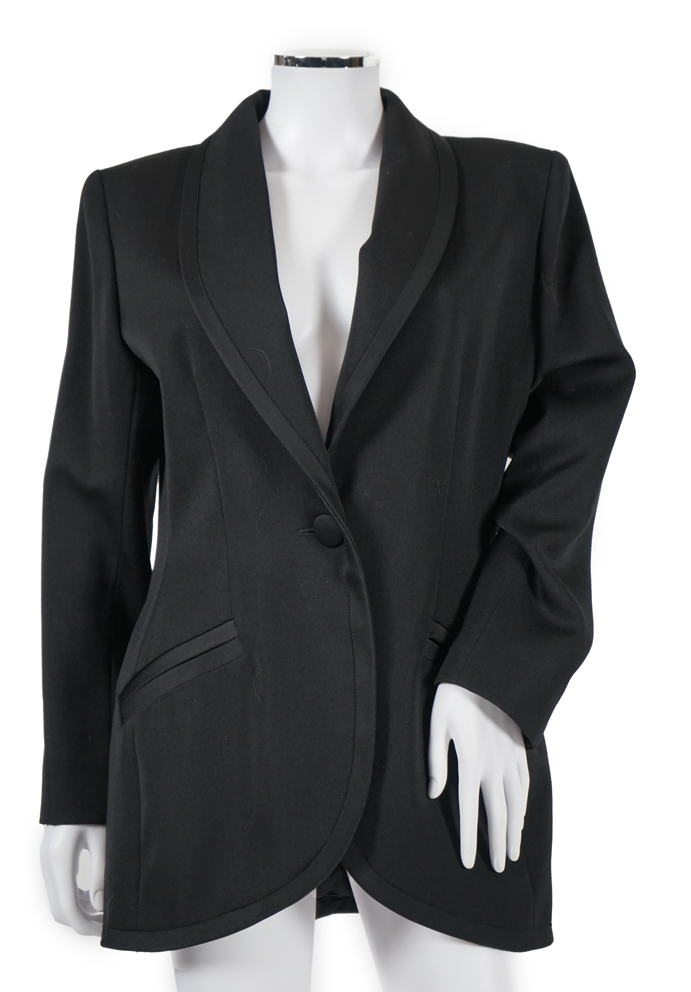 Two vintage Yves Saint Laurent lady's variation black trouser suits, F 42 (UK 14). Please note alterations to make the waist smaller may have been carried out on some of the skirts. Proceeds to Happy Paws Puppy Rescue.